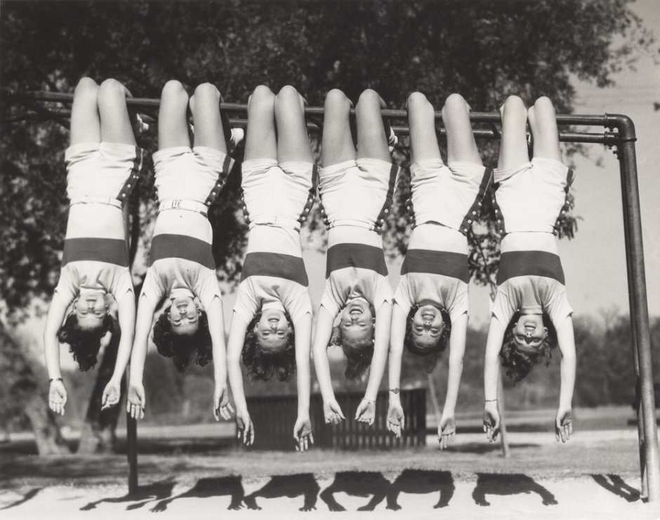 Girls topless upside down