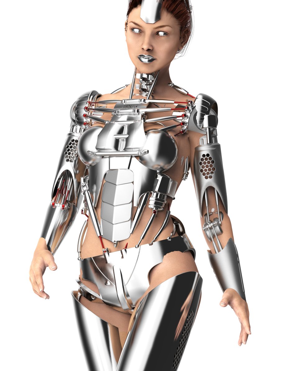 Robot girl holds a robot