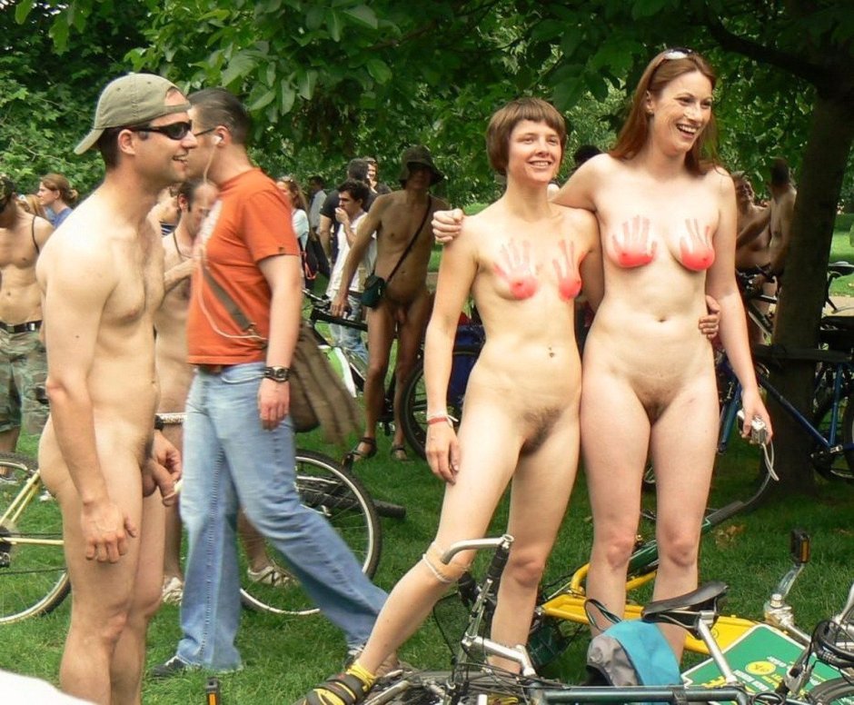 Naked women on a bike racket