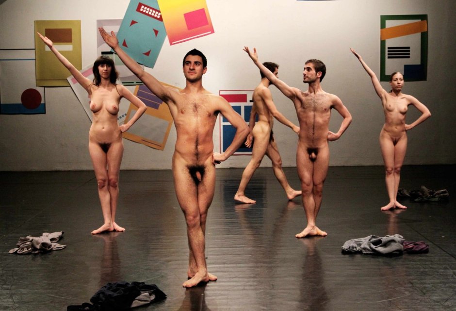 Naked women and men dance