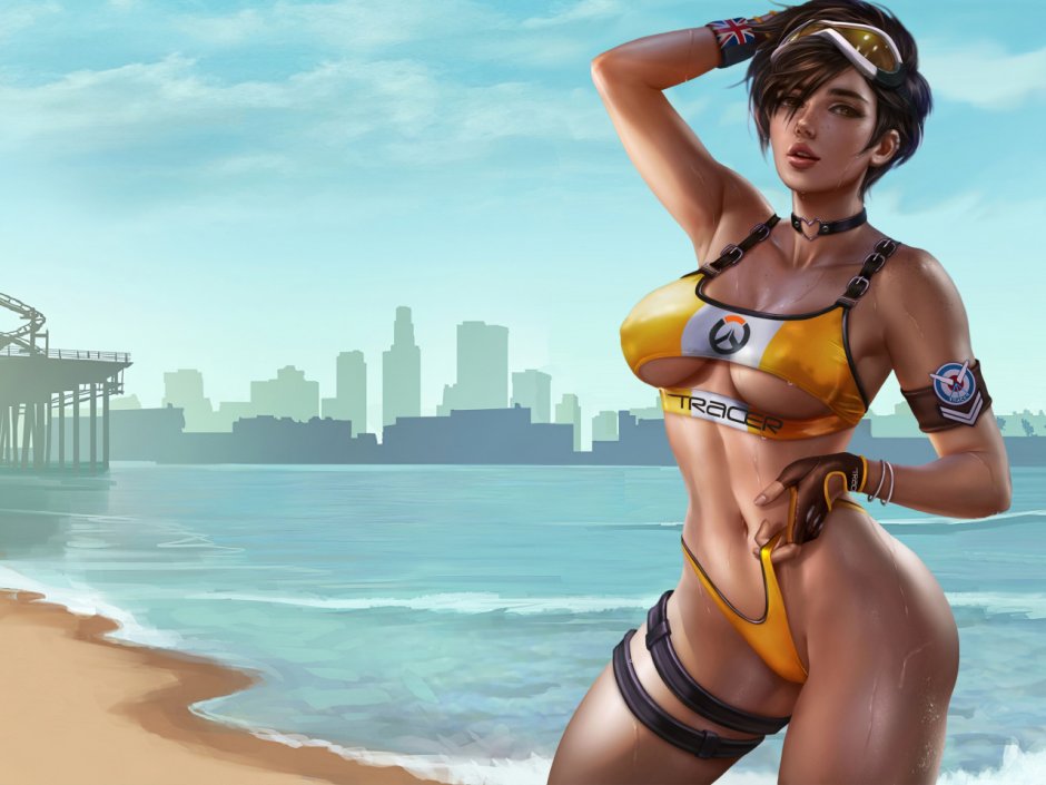Tracer in a swimsuit