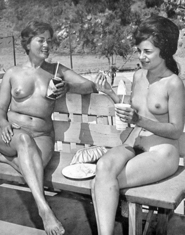 Naked elderly women on the beach retro