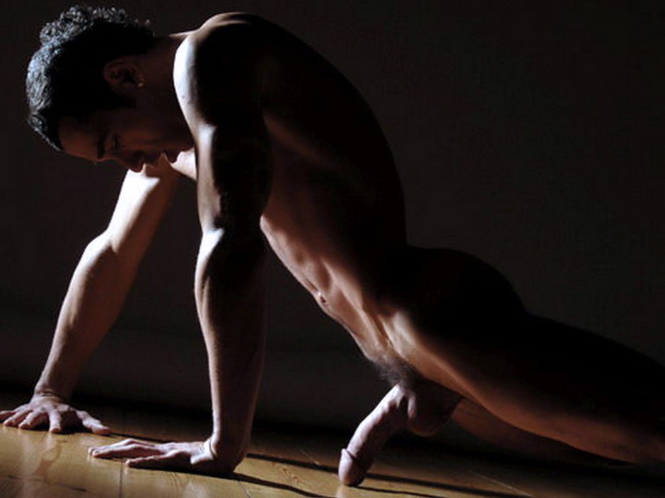 Nude guys pose in the halls