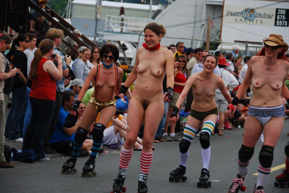 Parade of naked people on the street