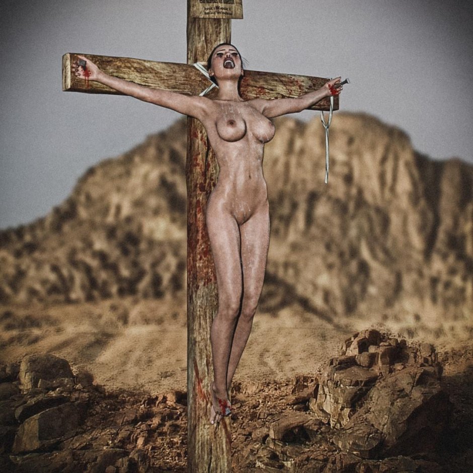 Naked woman crucified on the cross