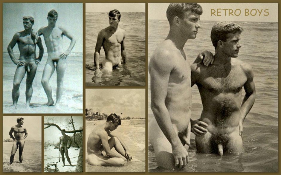 Retro naked men and women on the beach