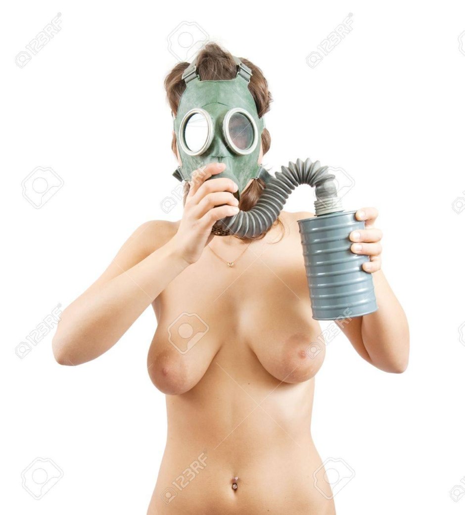 Woman nude in gas mask