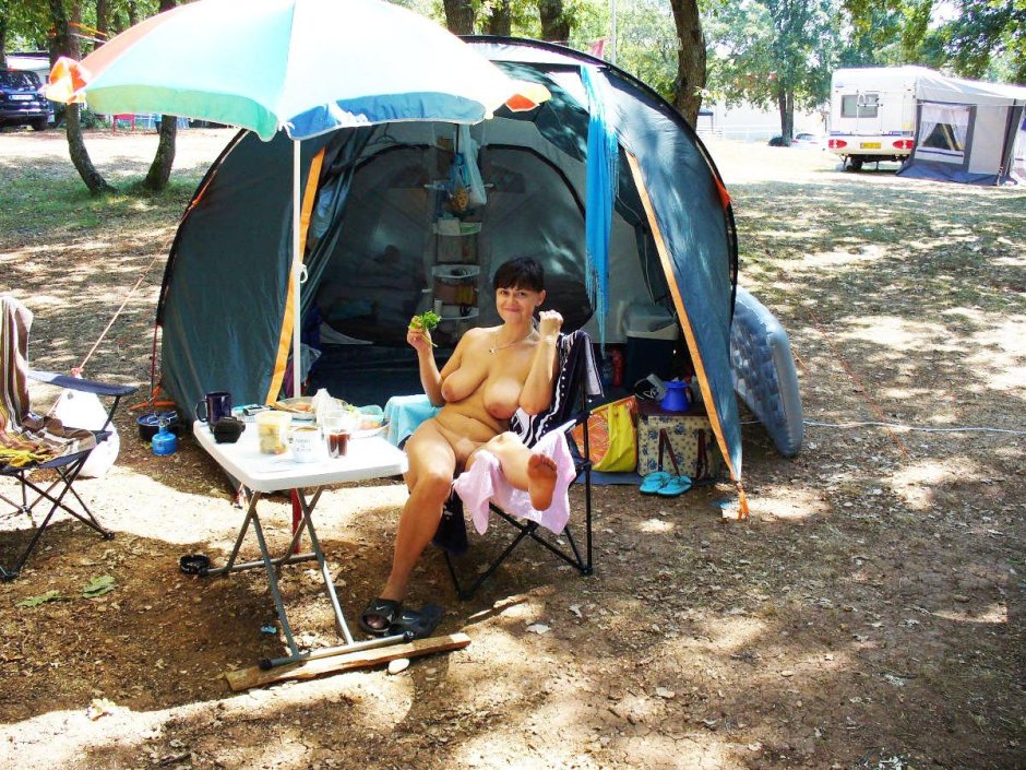 Without panties in family campsite