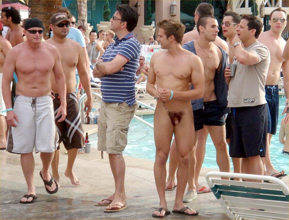 Naked man on a textile beach