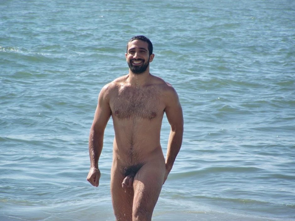 Naked hairy men on the beach